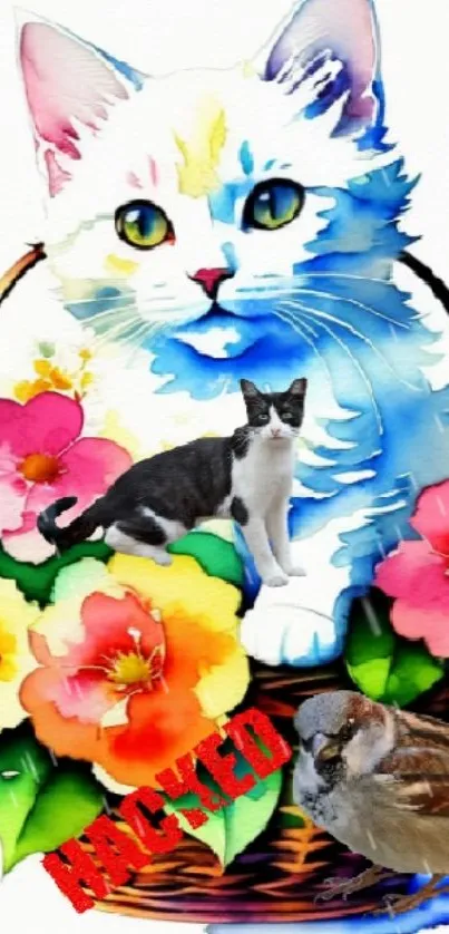 Watercolor cat in a flower basket with vibrant colors.