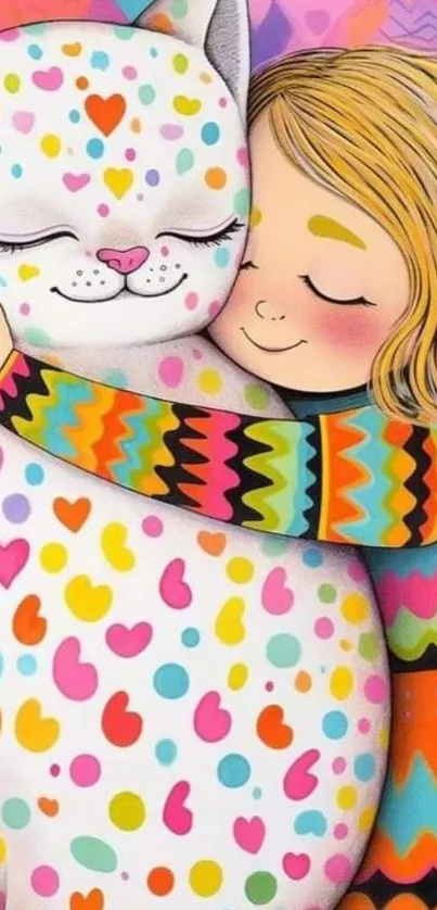 A girl lovingly hugs a colorful, spotted cat with hearts and patterns.