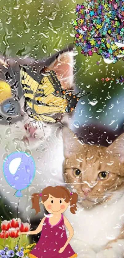 Colorful wallpaper featuring cats, butterflies, and raindrops.