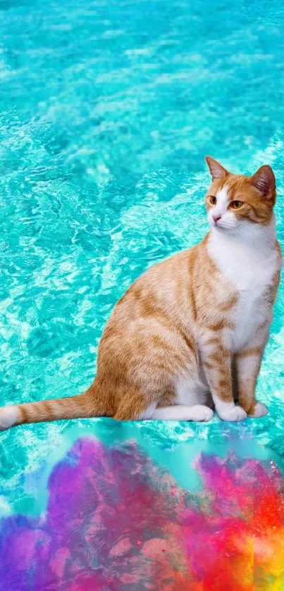 A playful cat on turquoise water background with rainbow colors.