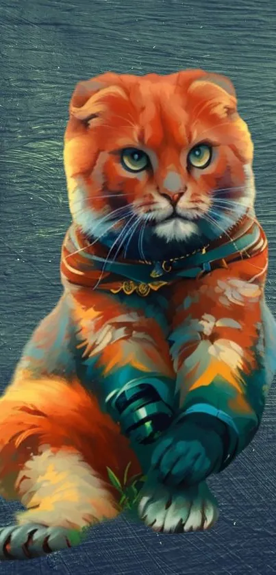 Digitally painted colorful cat on green textured background.