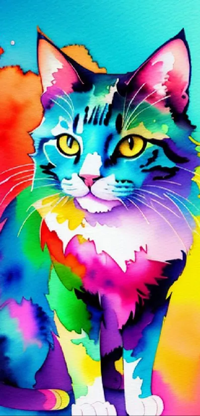 A vibrant, multicolored cat art wallpaper with blue dominant color.