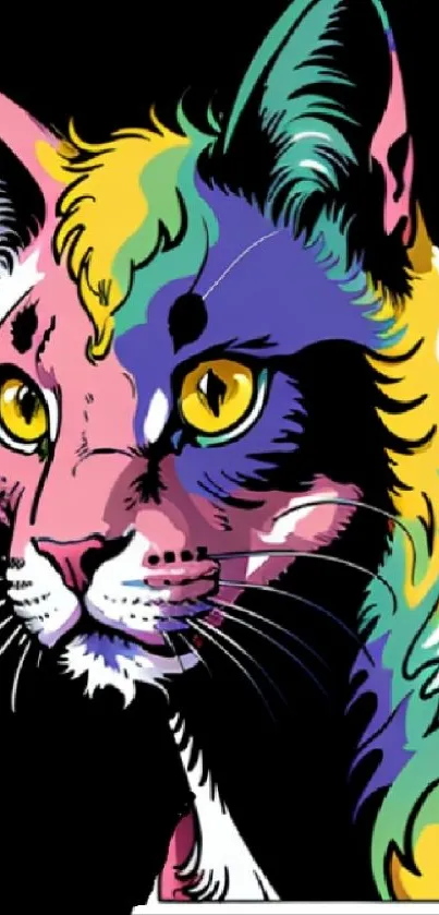 Colorful artistic cat illustration on black background.