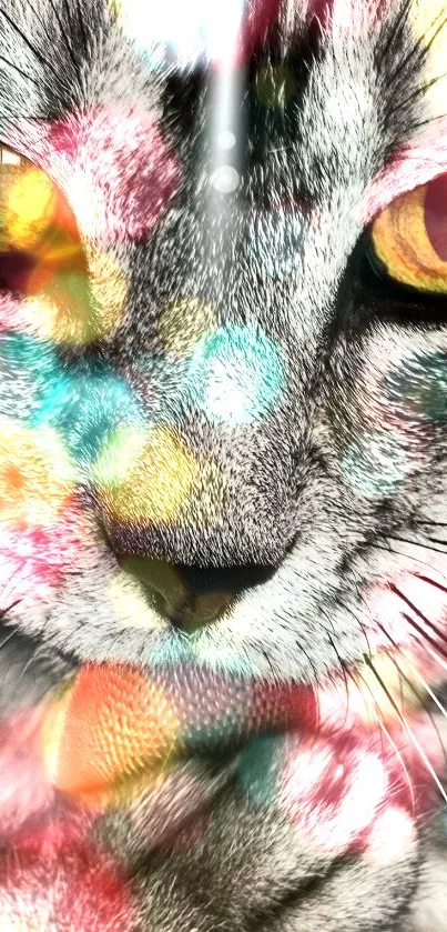 Psychedelic cat art with colorful patterns in vibrant hues.