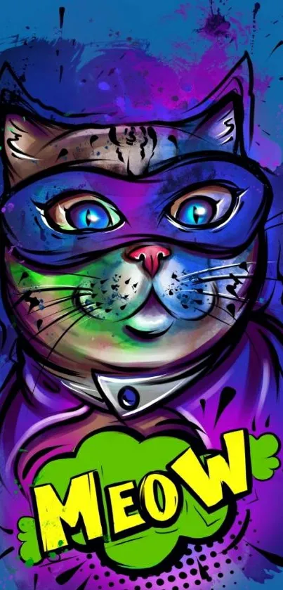 Colorful comic style cat art wallpaper for mobile screen.