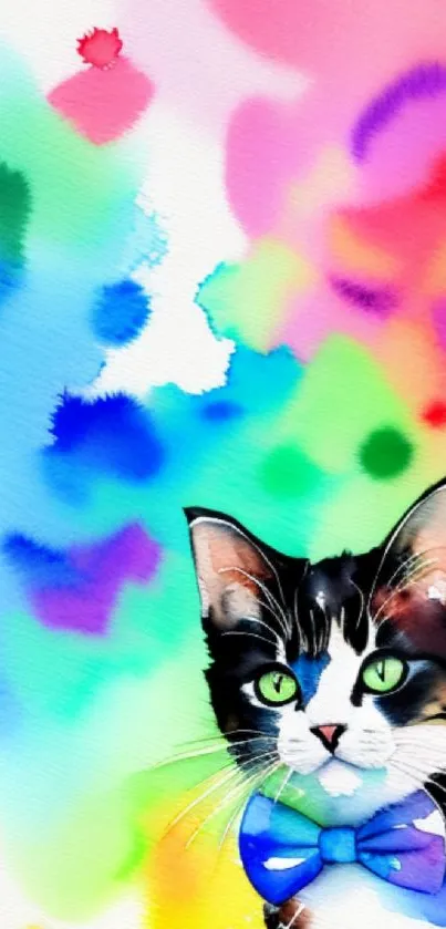 Vibrant watercolor cat with colorful background.