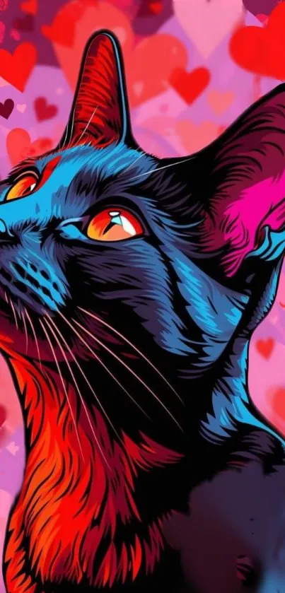 Vibrant cat illustration with neon colors and heart motifs on a red background.