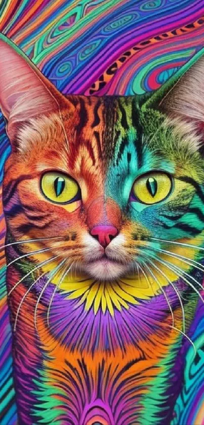 Vibrant and psychedelic cat illustration with colorful patterns.