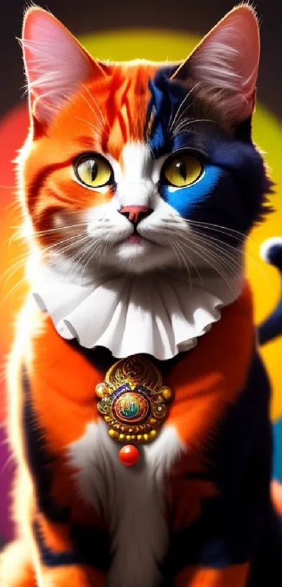 A vibrant multicolored cat with a neon circle background in a mobile wallpaper.