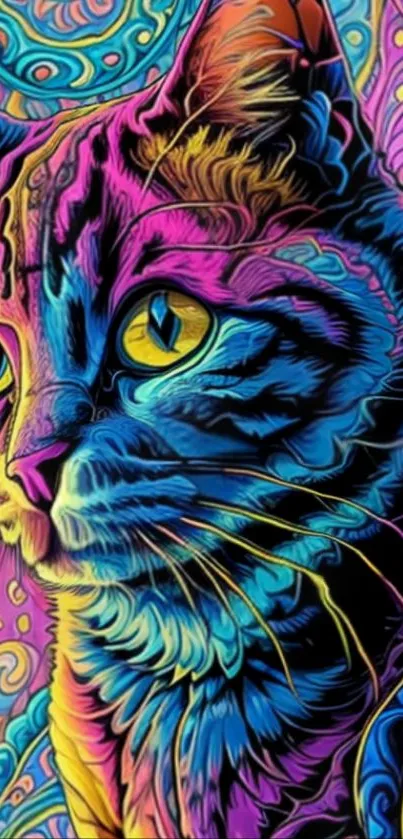 Colorful psychedelic cat art with vibrant patterns.