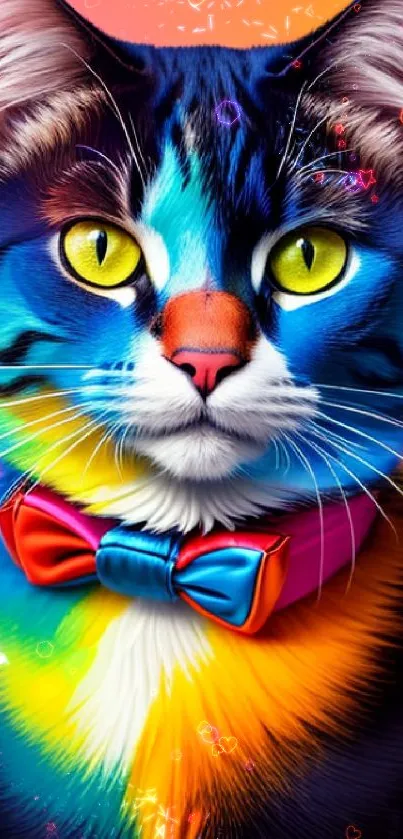 Vibrant, rainbow-colored cat with a bowtie on a gradient background.