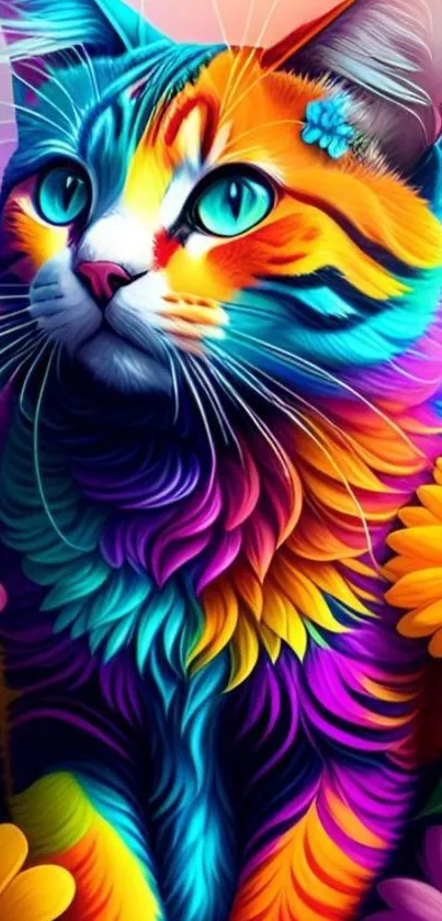 Vibrant and colorful cat art with floral accents for mobile wallpaper.