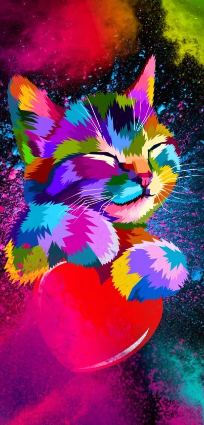 Vibrant artistic cat with neon colors on a phone wallpaper.