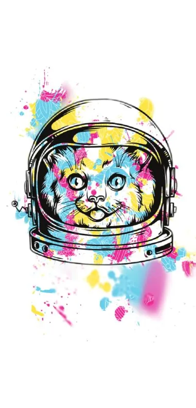 Cat astronaut in helmet with colorful splashes on white background.