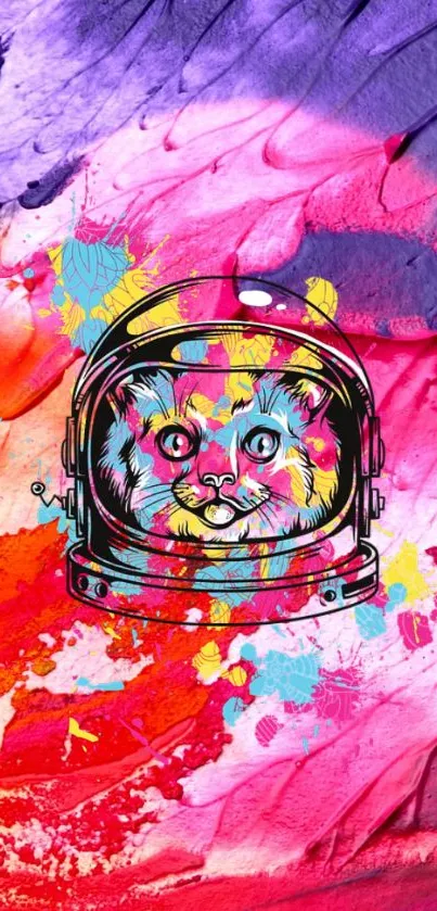 Colorful cat astronaut on vibrant abstract background.