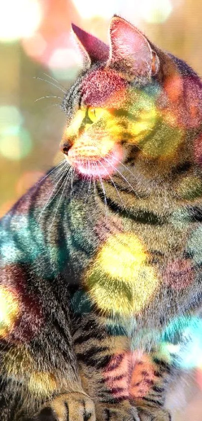 Cat with colorful bokeh lights in nature setting.