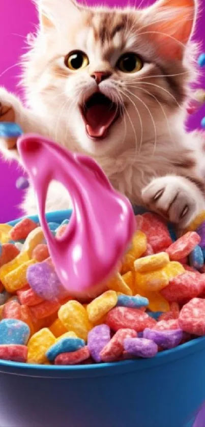 Playful kitten with colorful cereal in pink bowl.