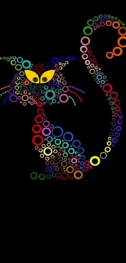 Colorful cat design with circles on black background.