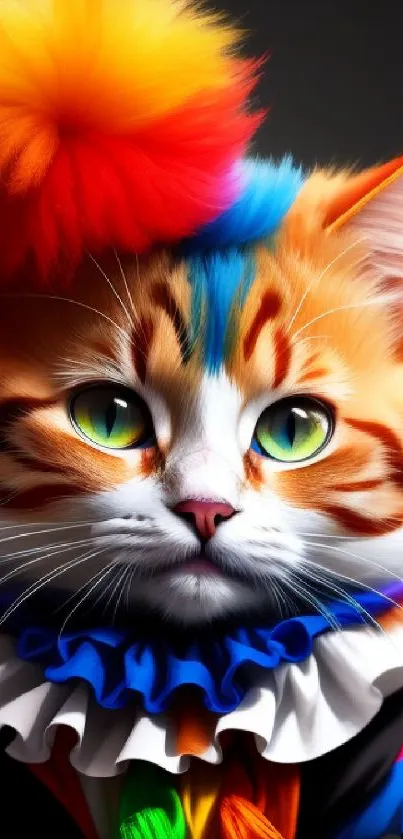 Vibrant cat in clown costume with rainbow colors.