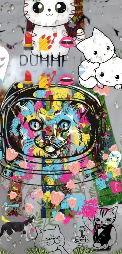 Vibrant cat collage with playful kittens and cartoon design on shiny gray background.