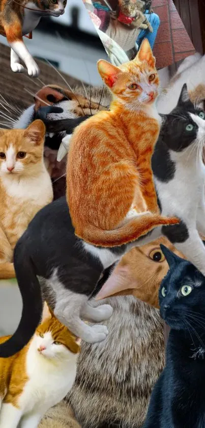 Mobile wallpaper featuring a collage of colorful cats in various poses.