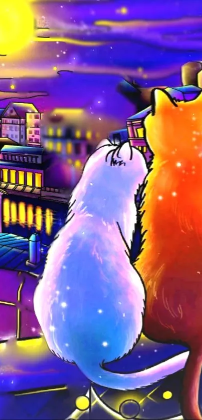 Two colorful cats gaze over a vibrant, starry city nightscape.