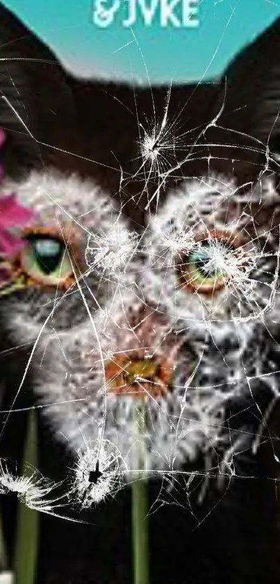 Creative cat face with flowers and dandelions, vibrant wallpaper design.