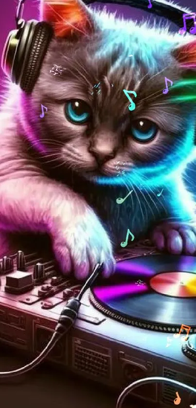 DJ cat with neon colors mixing music.