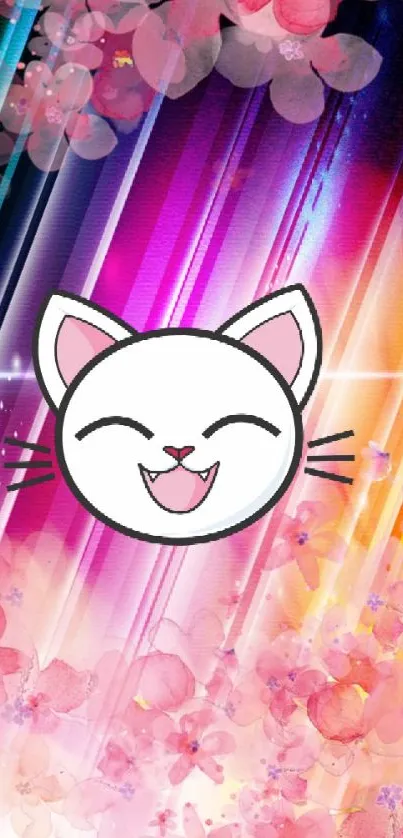 Cheerful cat emoji on colorful abstract floral wallpaper.