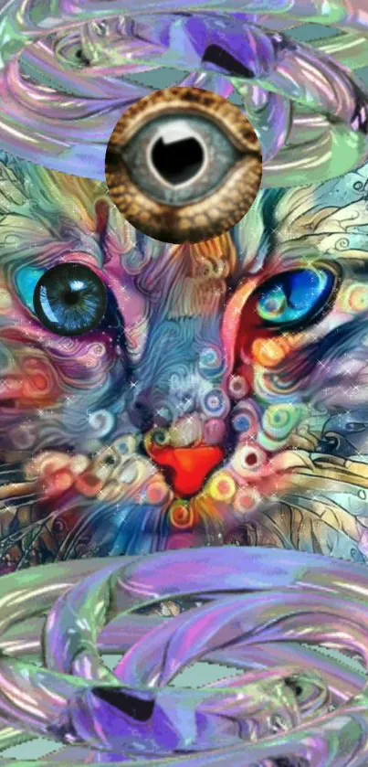 Abstract colorful cat face with vibrant eye design.