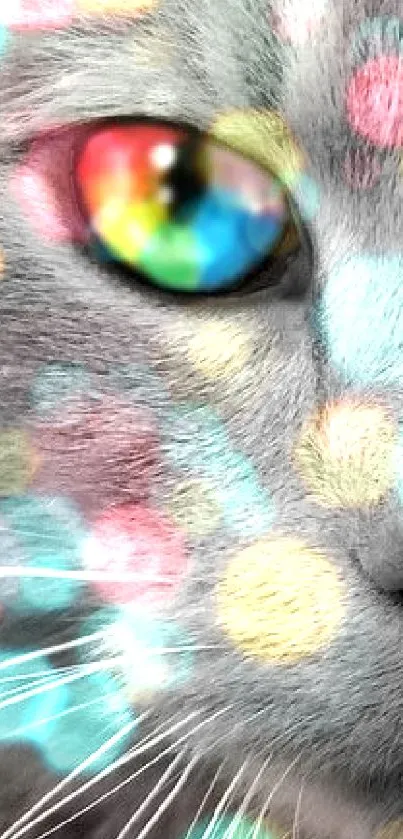 Gray cat with vibrant rainbow-colored eye close-up on phone wallpaper.