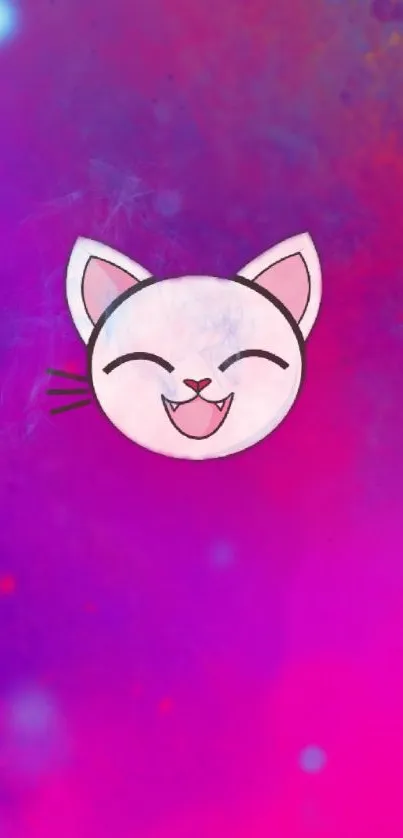 Playful cat face on a vibrant magenta and blue gradient background.