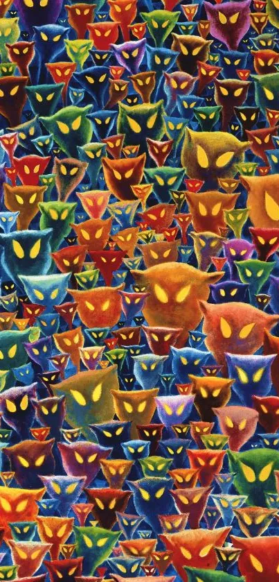 Vibrant wallpaper with colorful, glowing-eyed cat faces design.