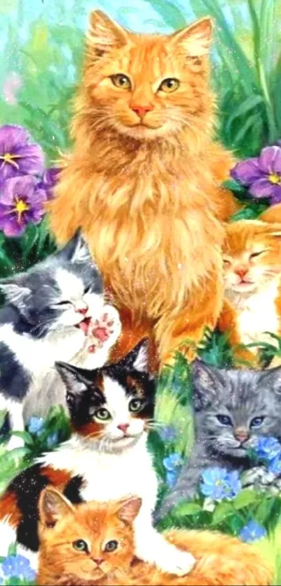 A colorful cat family surrounded by lush flowers.