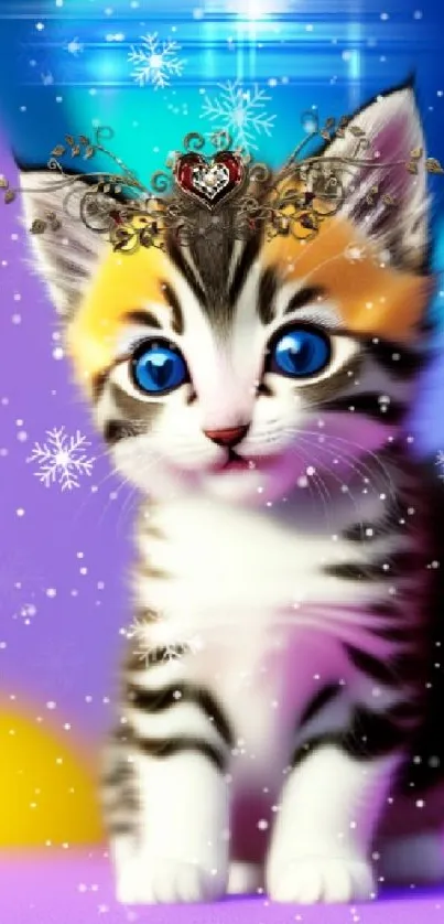 Cute cat in colorful fantasy background with snowflakes.