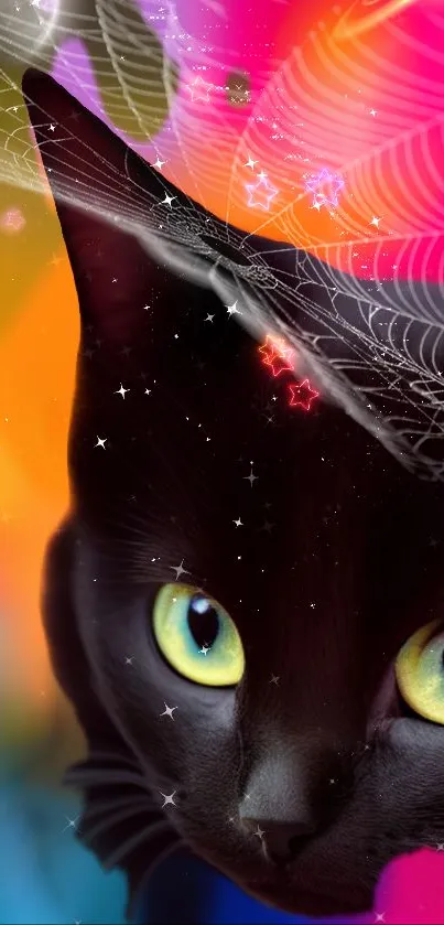 Colorful fantasy cat with cosmic patterns and vibrant orange background.