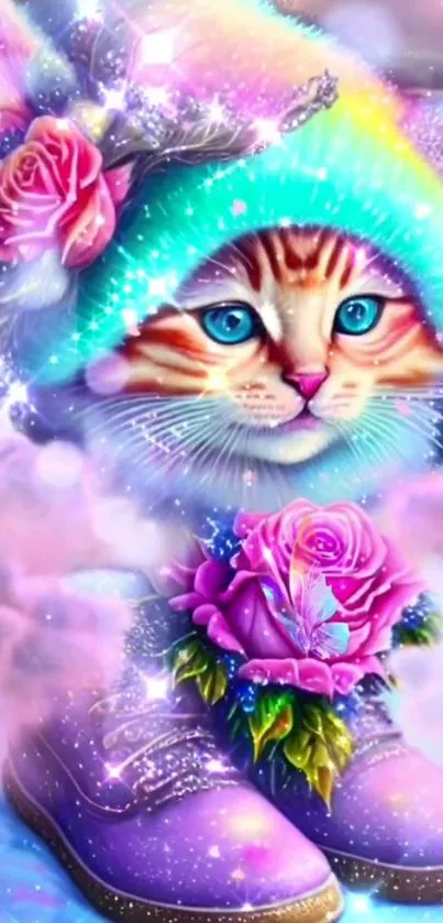 Cute cat in rainbow hat with roses, fantasy wallpaper.