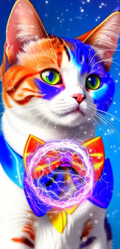 Colorful fantasy art cat wallpaper with vibrant blue background.