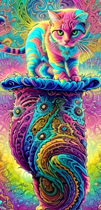 Colorful cat atop a psychedelic pedestal with vibrant fantasy background.