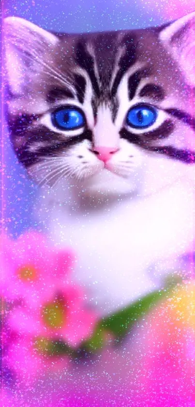 Cat with blue eyes in a pink fantasy background with flowers.