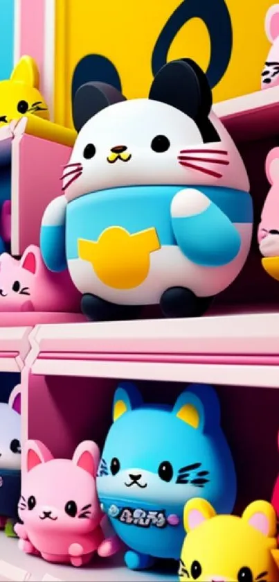 Colorful kawaii cat figurines on a shelf display.