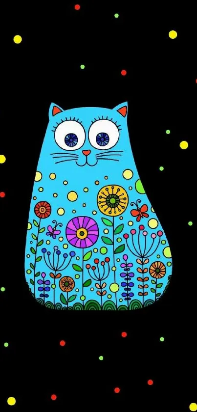 Whimsical blue cat with floral design on black background.