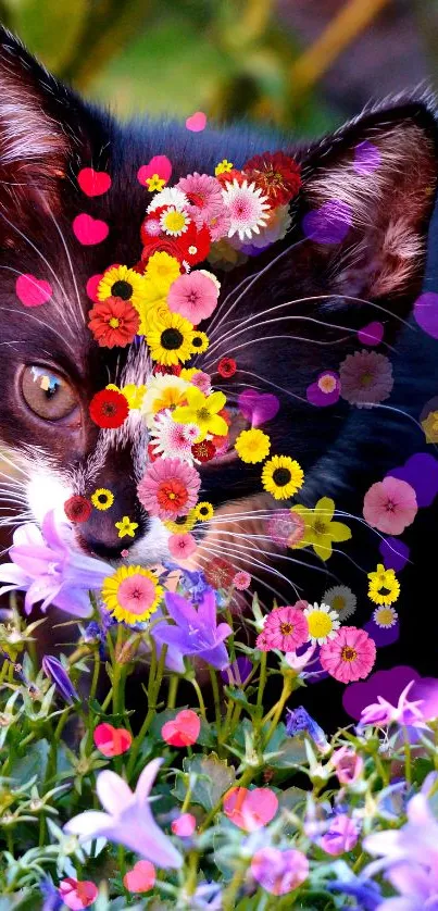 Playful cat and floral mobile wallpaper with vibrant colors.