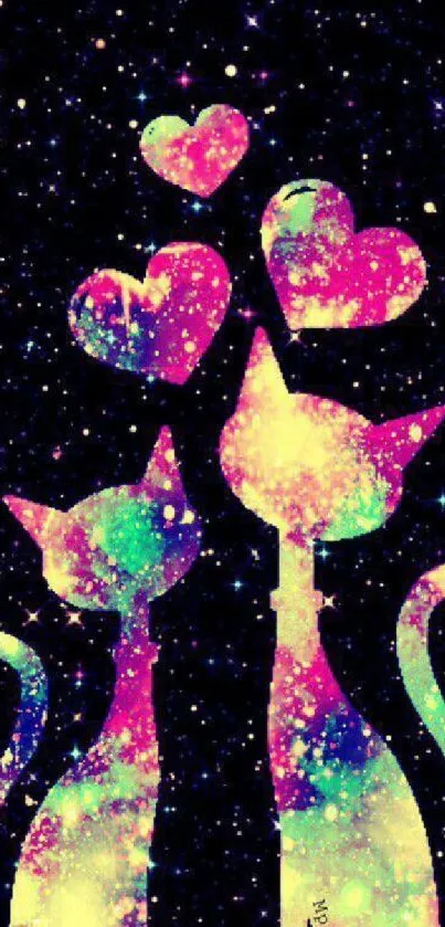 Colorful galaxy cats and hearts wallpaper.