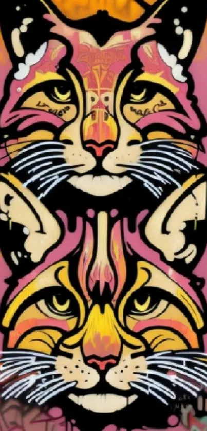 Vibrant street art featuring colorful cat graffiti on a pink background.