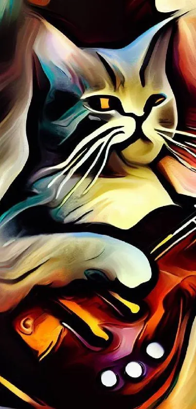 Vibrant artistic wallpaper of a colorful cat playing a guitar.