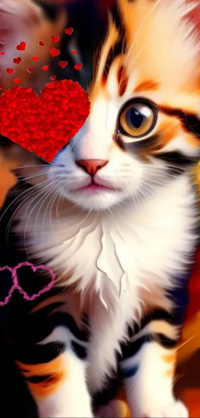 Adorable kitten with hearts and colorful background.