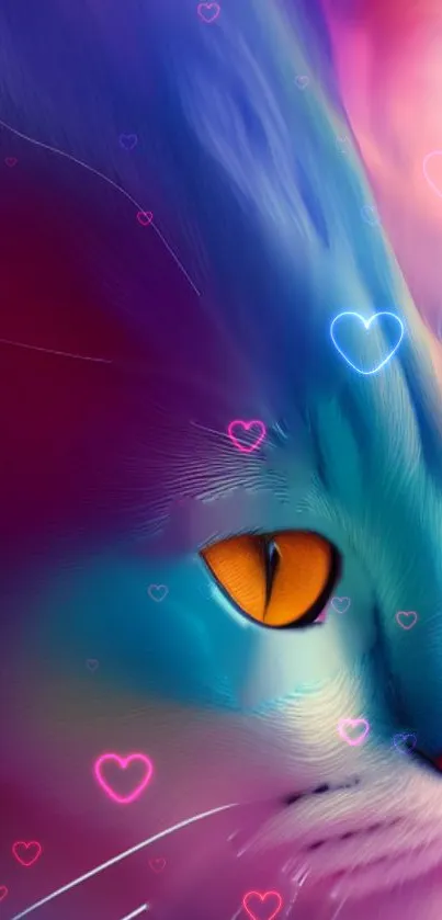 Vibrant blue and pink cat wallpaper with neon hearts.