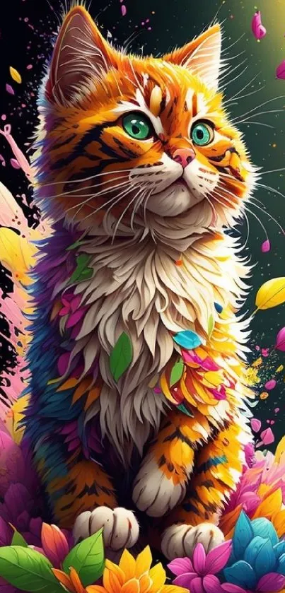 Colorful cat surrounded by vibrant leaves.