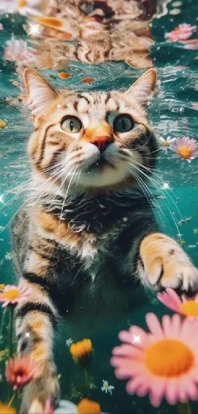 A vibrant cat swims underwater amid colorful flowers.